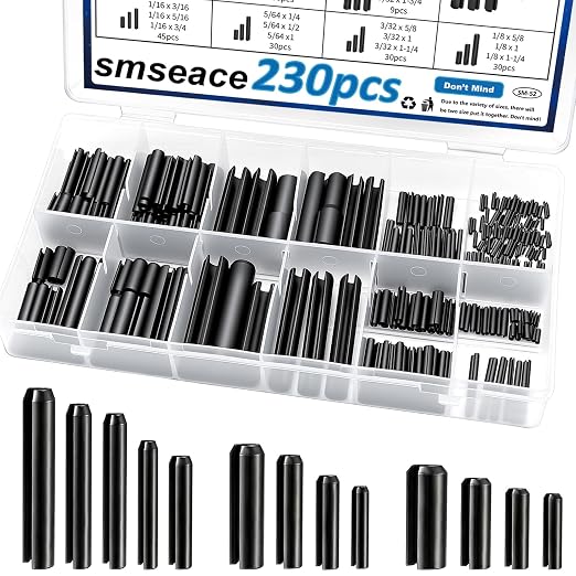 230Pcs Roll Pin Set SAE 1/16 5/64 3/32 1/8 5/32 3/16 7/32 1/4 5/16 3/8 Inch Roll Pins Assortment Kit for for Home Improvement Automotive Repair