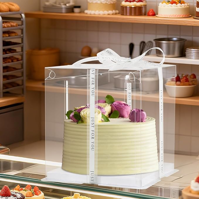 12x12x10inch 8Pcs Tall Cake Boxes Clear Display Gift Boxes with Ribbon,Pre Folded Lid for 10" and 11" Inch Tall Layer Tiered Cakes and Bakery Display Birthday Wedding Party(Clear , 12*12*10inch/8Pcs)