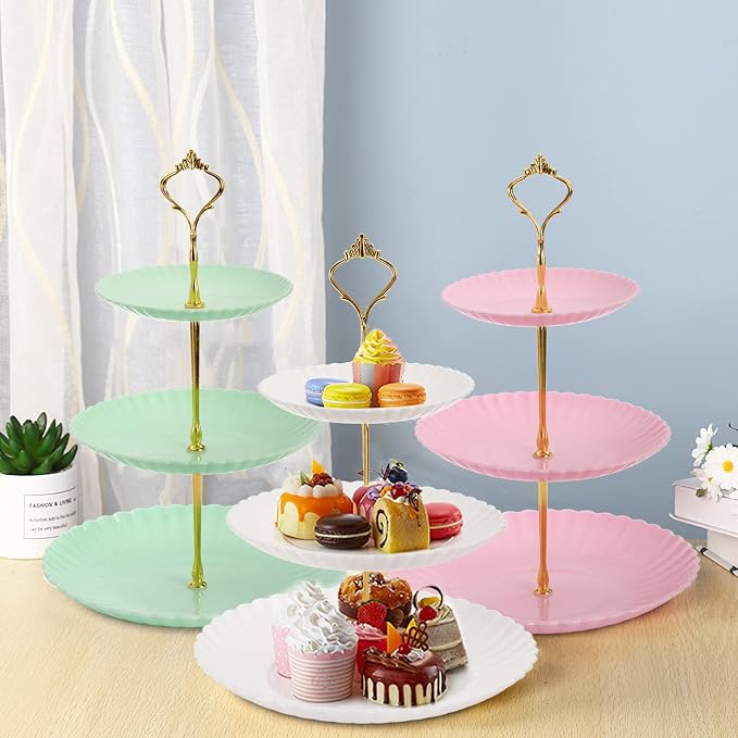 Tosnail 3 Pack 3 Tiers Plastic Cupcake Stand, Round Dessert Stand, Tiered Serving Trays with Gold Rod, Party Serving Trays, Fruit Pastry Holders for Wedding and Party - Assorted 3 Colors