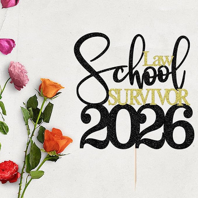 Black Gold Glitter Law School Survivor 2026 Cake Topper, Congrats Lawyer Cake Decoration, 2026 Law School Graduation Party Supplies