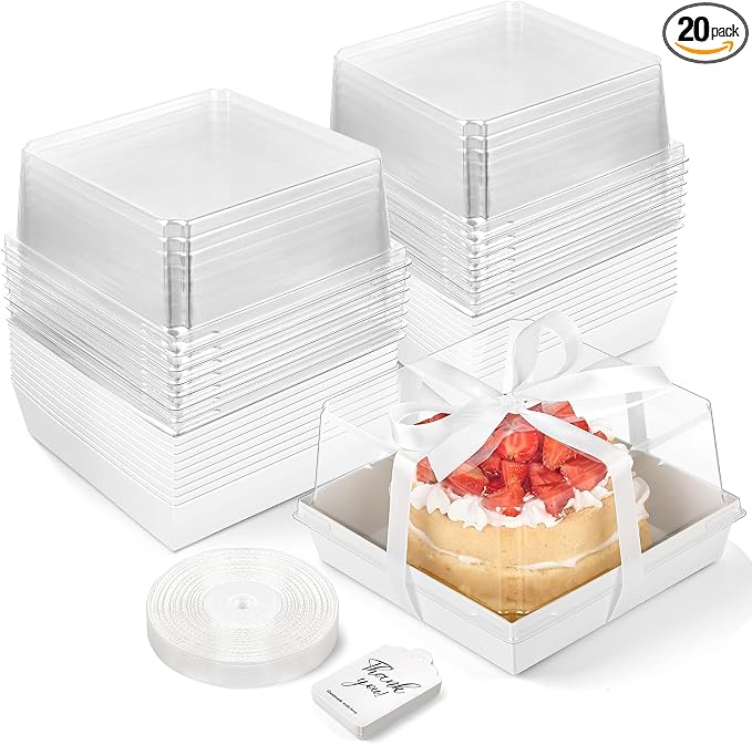 ZORRITA Paper Cake Boxes with Clear Lids, 7" x 7" x 4", 20 Pack, White | Disposable, Square Food Containers, For 4-6 Inch Cake, Dessert, Pie, Cupcake, Bakery, Charcuterie