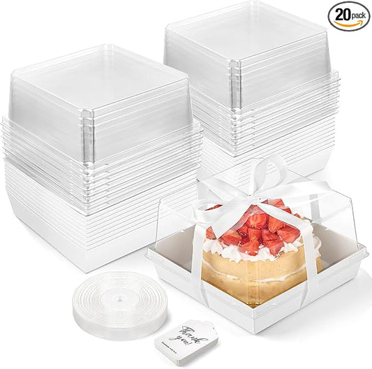 ZORRITA Paper Cake Boxes with Clear Lids, 7" x 7" x 4", 20 Pack, White | Disposable, Square Food Containers, For 4-6 Inch Cake, Dessert, Pie, Cupcake, Bakery, Charcuterie