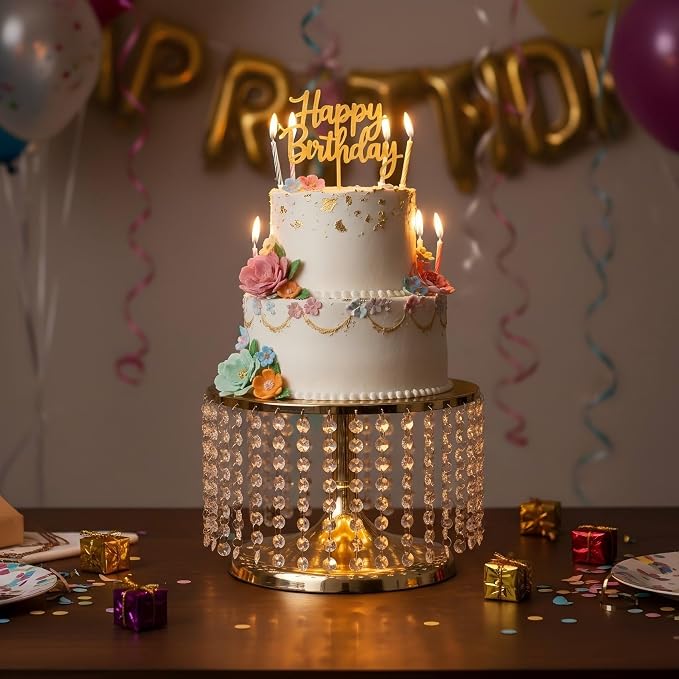 Cake Stand for Dessert Table 12 Inch Gold Crystal Pendants Metal Cake Stand Serves as A Round Dessert Cupcake Display Plate for Table, Wedding, Party, Event