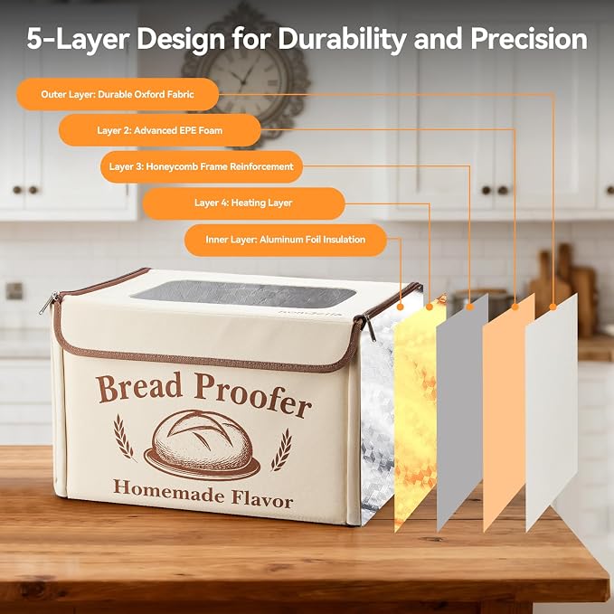 Proofing Box - Foldable Proofing Bread Box with 68-122°F Temp Control & 48H Timer, Bread Proofer for Sourdough, Pizza Dough, Yogurt, Kombucha, 5-Layer Fabric