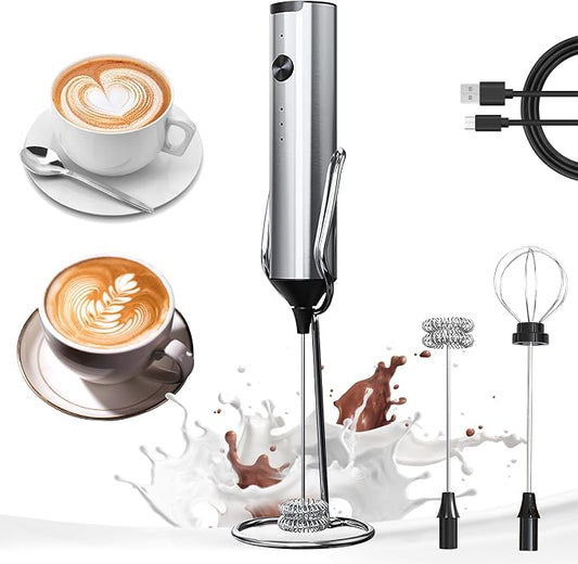 YARRAMATE Rechargeable Milk Frother with Stand, Coffee Frother Stirrer Wand, Handheld Drink Mixer with Stainless Steel Whisk, Electric Whisk Foam Maker for Lattes, Cappuccino, Matcha, Protein Powder