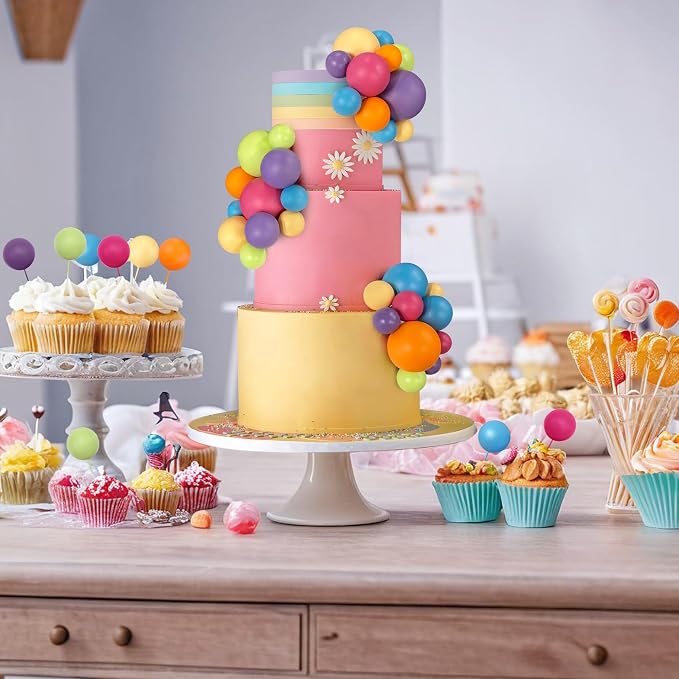 56 PCS Ball Cake Picks Colorful Ball Shaped Cake Topper Pearl Balls Cupcake Cake Insert Topper for Birthday Party Wedding Decoration Supplies Color Series Six Colors