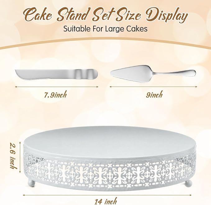 Wenqik White Cake Stand 12 Inch Metal Round Wedding Cake Stand with Cutting & Spatula Cupcake Dessert Cookies Display Holder Fruit Serving Tray for Wedding Birthday Anniversary Party