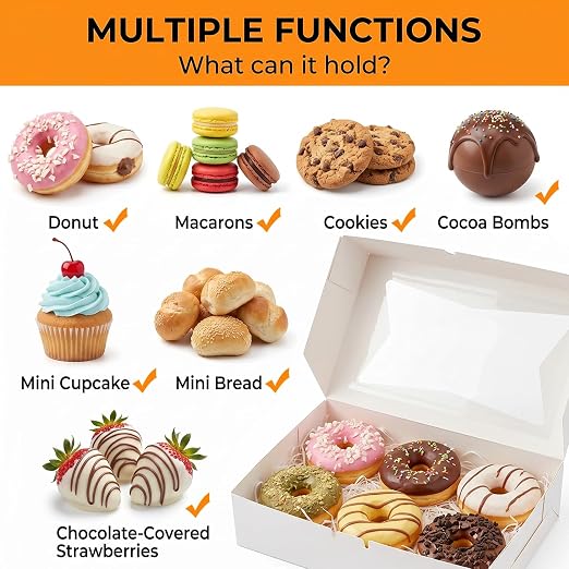 ZEAYEA 36 Pcs White Bakery Boxes, 12" x 8" x 2.5" Cookie Treat Boxes with Clear Window, Pastry Box for Desserts Strawberries, Pie Boxes for Muffins, Donuts, Biscuits, Cupcake, Easy to Assemble