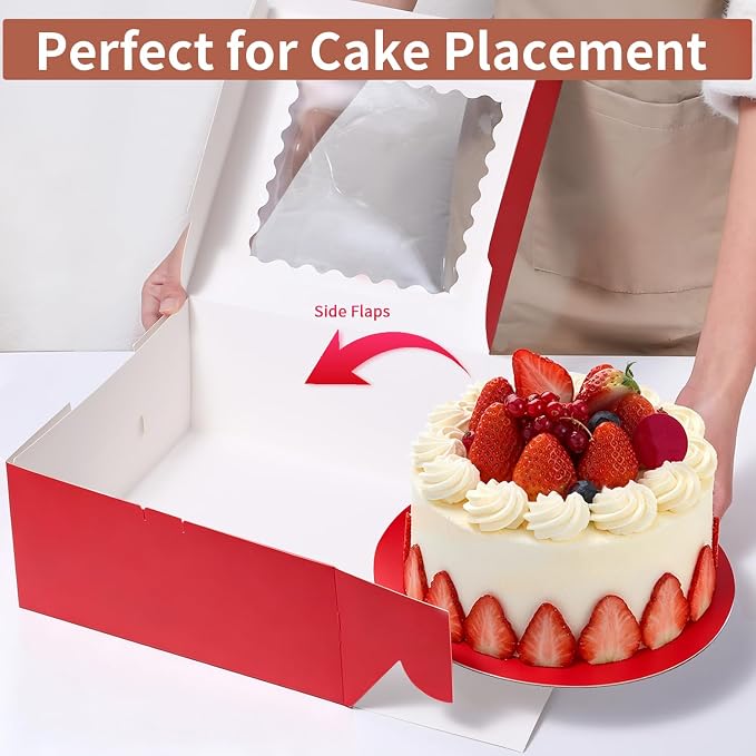 16pcs 10x10x5 Inches Cake Boxes,8pcs Red cake Box and 8pcs Boards,Cajas Pasteles for Disposable 10 inch Cake box with Window (Red, 10 * 10 * 5inch/16pcs)