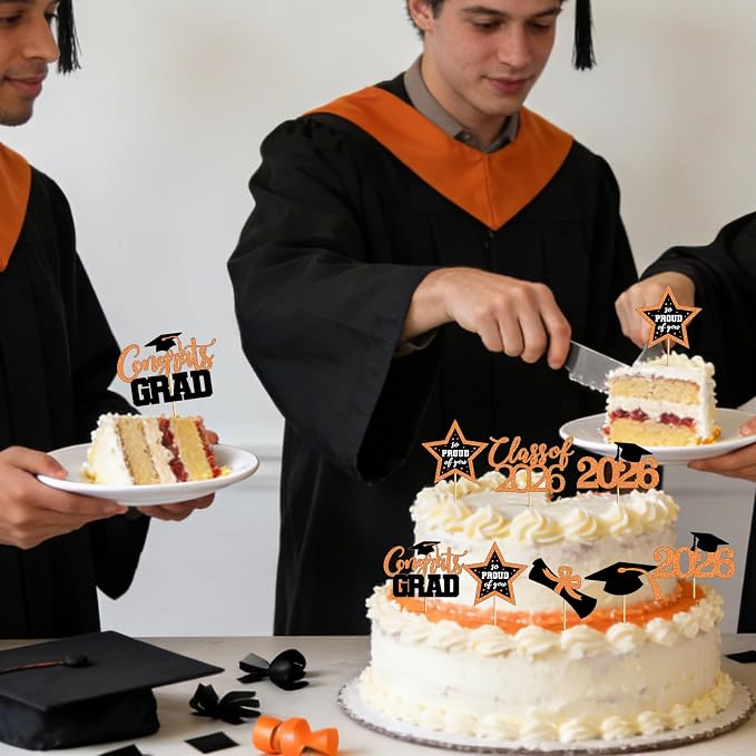 48 PCS Graduation Cupcake Toppers 2026, 6 Styles Grad Cake Topper, Black and Orange Graduation Decorations, Glittery Cap and Diploma Cake Picks for Congrats Grad Decor Party Supplies