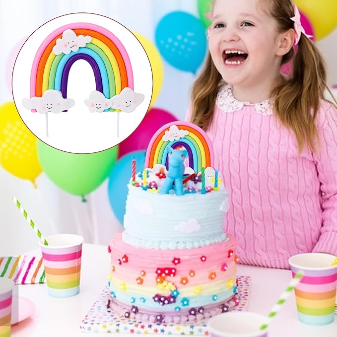 Soft Pottery Rainbow Cake Topper - Colorful Rainbow Theme Cake Decoration Supplies for Birthday Party and Wedding