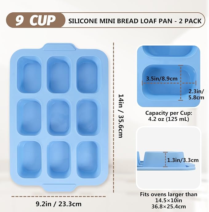 Nonstick Silicone Mini Loaf Pans: 9-Cavity Small Banana Bread Loaf Pans for Baking Cornbread with Metal Frame - Mini Meatloaf Tin for Oven - Brownie Tray for Baker Baking Lover (Blue)