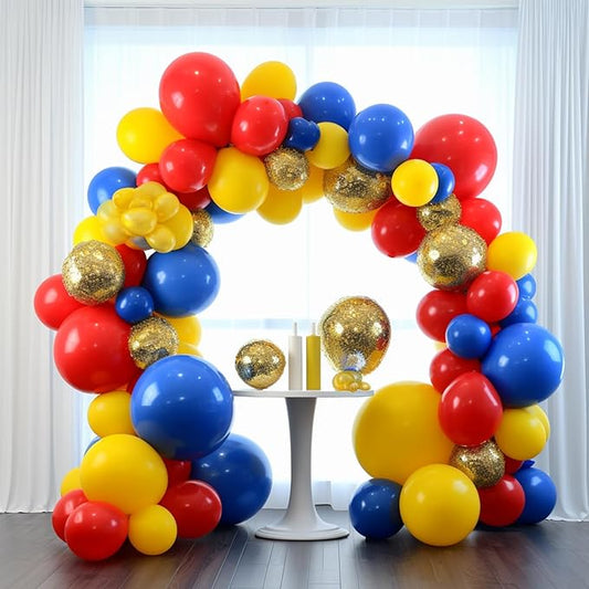 PartyWoo Red Yellow Blue Balloons, 140 pcs Blue Red and Yellow Balloons Different Sizes Pack of 18 Inch 12 Inch 10 Inch 5 Inch for Balloon Garland or Arch as Dog Party Decorations, Party Decorations