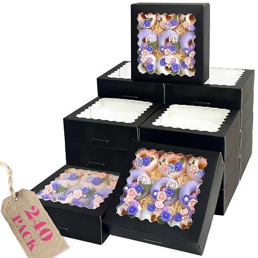 Bakepacker 240pcs Black Pie Boxes 8"x 8"x 2.5" Easy Assemble Macaroon Cookie Boxes Bakery Boxes with Window for Bakery (Auto-pop Up)