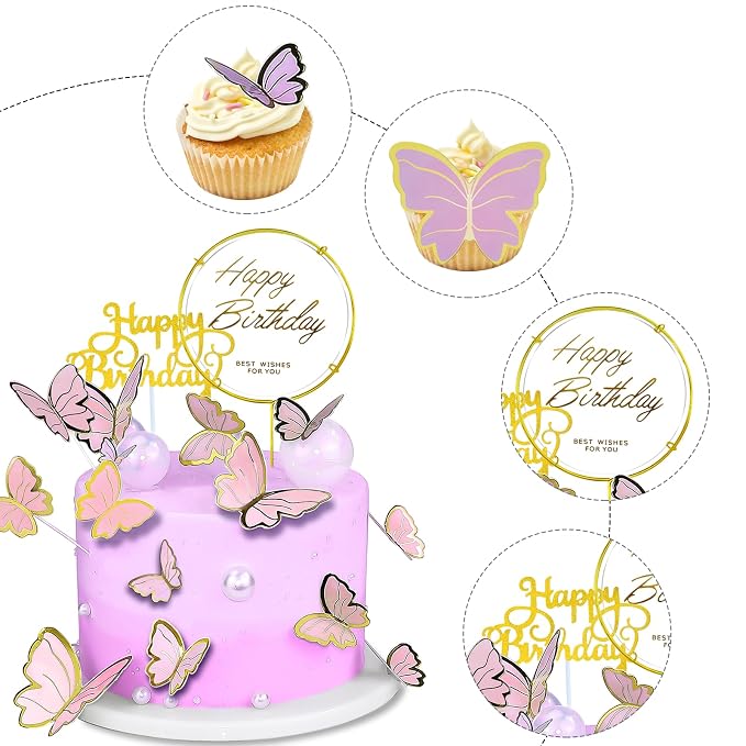 60Pcs Butterfly Cupcake Topper Pink Gold, Lively 3D Butterflies with 2Pcs Happy Birthday Topper for Cake Decor Birthday Anniversary Kids Wedding Girl Women Party Wall Food Decorations,Mixed Size