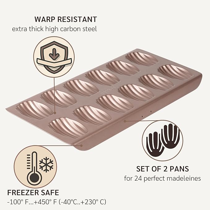 HAPPIELS 12-Well Madeleine Pan 2-Pack Nonstick, PFOA & BPA Free | 24- Well Non Stick Nontoxic Madeleines Pans for oven baking | Madeleine Cake Cookie Mold | Madeleine tray