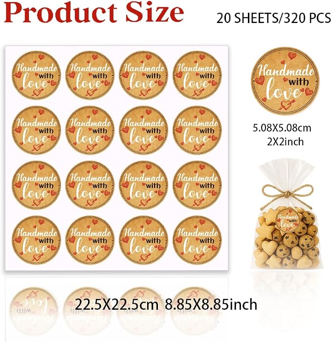 320 Pcs Homemade with Love Stickers, 2 Inch Round Waterproof Kraft Home Made Labels Jar Canning Label Stickers Self-Adhesive Packaging Sticker for Cookie Fudge Containers