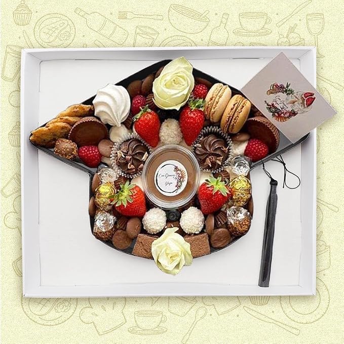 WENPACK 2025 Cardboard Grad Cap Shaped Charcuterie Mache Treat Packaging Strawberries Sweets Gift Box with Clear Lid (Black, Grad Cap)