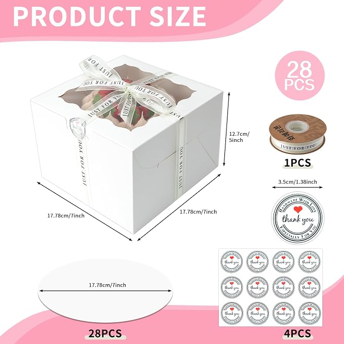 28Packs 7x7x5 Inch Small Cake Boxes, White Bakery Boxes with Window, 7 inch Cake Containers with Lids for Easter and Mother's Day Cheesecake, Cakes.(7 * 7 * 5inch/28pcs)