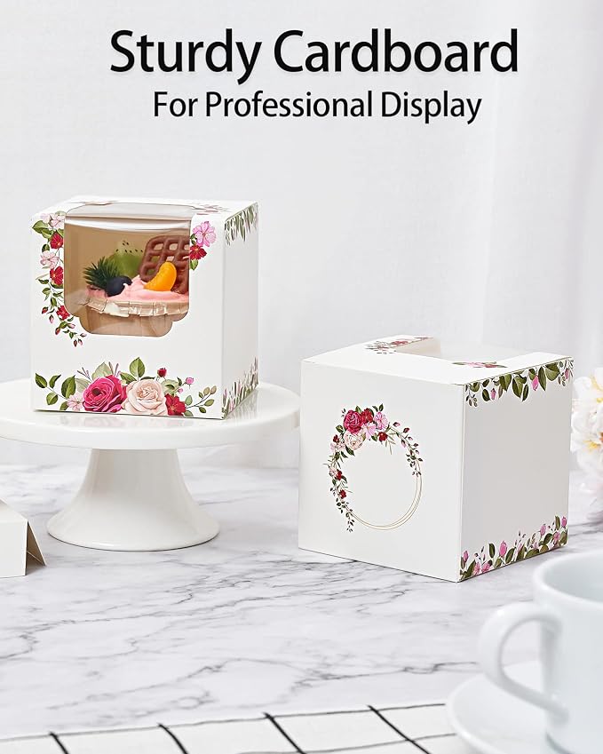 Happyhiram Individual Cupcake Boxes Roses Floral 50 Pcs, Mother's Day Flower Gift Boxes with Window for Mothers Day Packaging Treat Togo