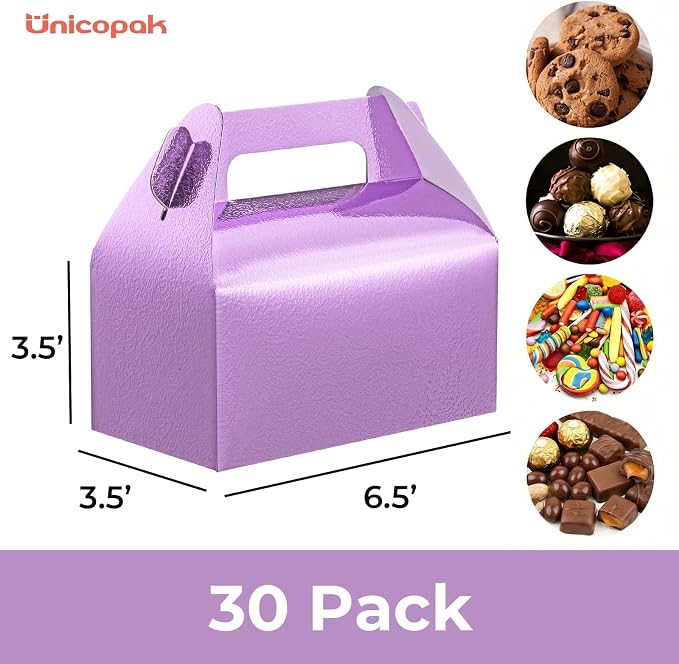 UnicoPak 30 Pack Purple Party Favor Bag Boxes, Gable Gift Boxes for Treats Goodies Cookies Candies, Ideal for Purple Party Favors, Theme Birthday Party, Valentine's Day, 6.5x3.5x3.5 Inches
