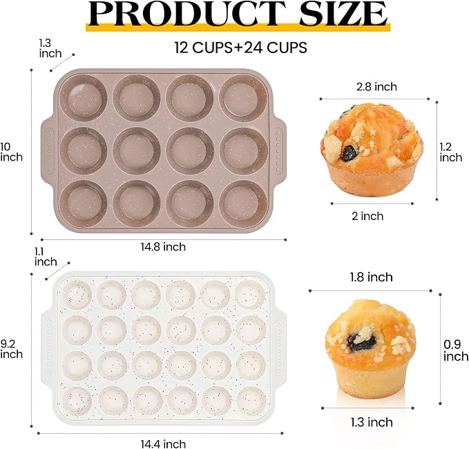 2 Pcs Silicone Muffin Pans for Baking with Metal Reinforced Frame, Nonstick Cupcake Tray for Oven, 12 Cups Regular and 24 Cups Mini Size Silicone Molds for Egg Bites (Brown, Cream)