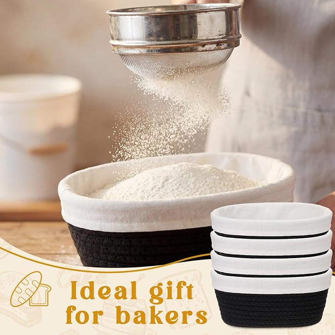 4 Pcs 10 Inch Bread Proofing Basket Set Cotton Rope Oval Banneton Basket Sourdough Bread with Liners Covers for Baking Supplies (Black)
