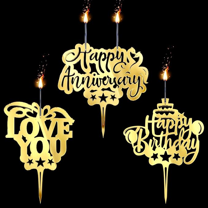 Happy Birthday + Happy Anniversary + Love You Cake Topper Candle for Birthday Party Decorations, 2 Wicks, 3 pcs.