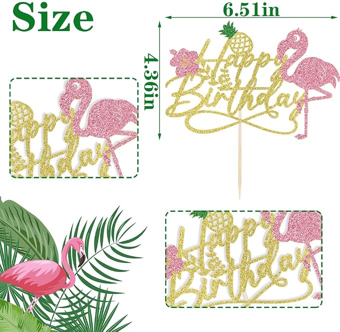 1 PCS Flamingo Happy Birthday Cake Topper-Glitter Palm Tree Turtle Leaf Flower Pineapple Flamingo Cake Pick Decorations,Tropical Hawaiian Luau Theme Baby Shower Boys Girls Party Decoration Supplies