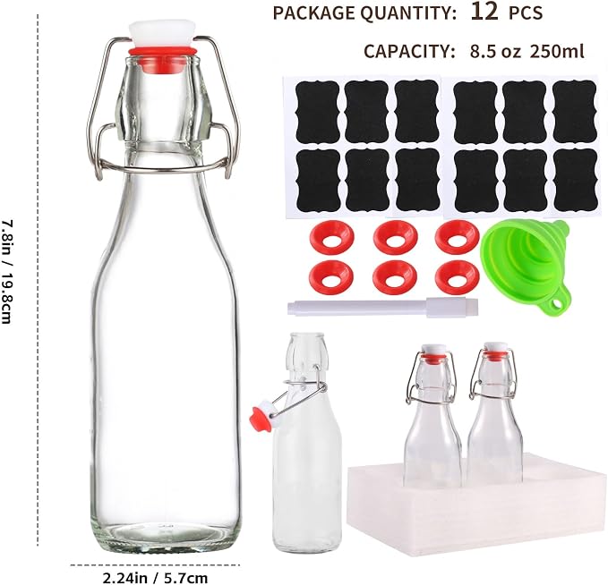 12 Pack 8.5oz Flip Top Glass Bottles,8.5oz swing top glass bottles with airtight lids for Home Brewing,2nd Fermentation,Kombucha,Kefir,Vanilla Extract,Juice,Tea,Beverages,Soda,Oils,Vinegar,Limoncello