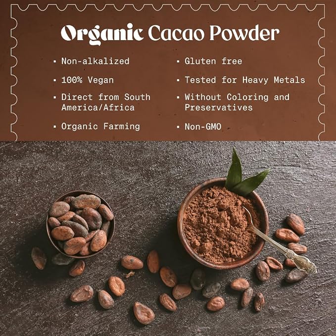 NaturaleBio Cacao Powder Organic 35oz. Unsweetened, Non-Alkalized and Pure. Cocoa Powder Substitute with Rich Dark Chocolate Flavor. Non-GMO, Gluten Free, Tested for Heavy Metals. From Raw Cacao Beans
