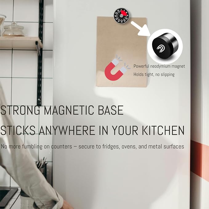 Mechanical Kitchen Timer, 60 Minute Wind Up Magnetic Visual Cooking Timer with Loud Alarm, Stainless Steel No Batteries Countdown Timer for Kitchen Cooking, Classroom, Office, Chef, Teacher (Black)