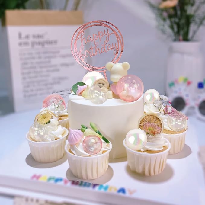 Colorful Ball Cake Topper Mini Balloon Cupcake Topper DIY Foam Ball Artificial Dried Flower Cake Insert Decoration for Wedding Anniversary Baby Shower Birthday Party Supplies (Clear White Pink)
