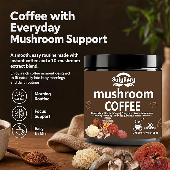Suiyilary 10 Mushroom Coffee with Arabica w, Lion's Mane, Reishi, Mushroom Polysaccharides & More, Instant Mushrooms Powder for Focus, Immunity Boost, Memory & Clarity - 30 Servings