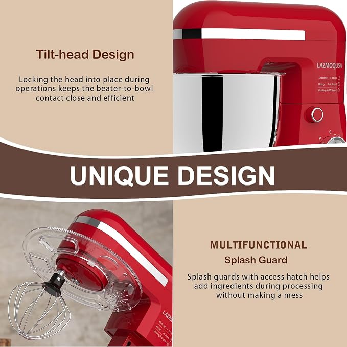 6in1 Stand Mixer with 6.5 Quart Bowl, 660W 10+p Speeds Kitchen Food Mixer Tilt-Head Bread Dough and Cake Mixers for Home Daily Use (Red)