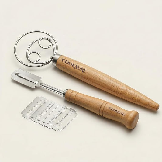 2Pcs Danish Dough Whisk & Bread Lame for Sourdough Bread – Wooden Handle Dough Whisk Mixer and Bread Scoring Tool, Artisan Sourdough Baking Tools & Bread Baking Supplies