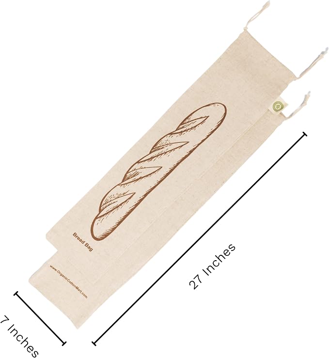 Reusable Linen Baguette Bread Bags - Set of 2 Washable Cloth Bread Bags with Drawstring Closure - Long Size - 29”x7”