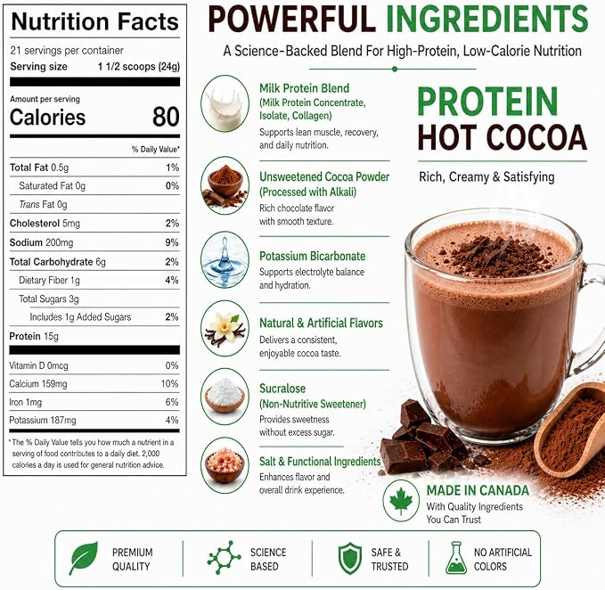 Nutmeg State Nutrition - High Protein Hot Cocoa Mix, Low Calorie Hot Chocolate Protein Drink, 15g Protein, 80 Calories, 3g Sugar, 21 Servings Per Canister, 17.6 Ounces