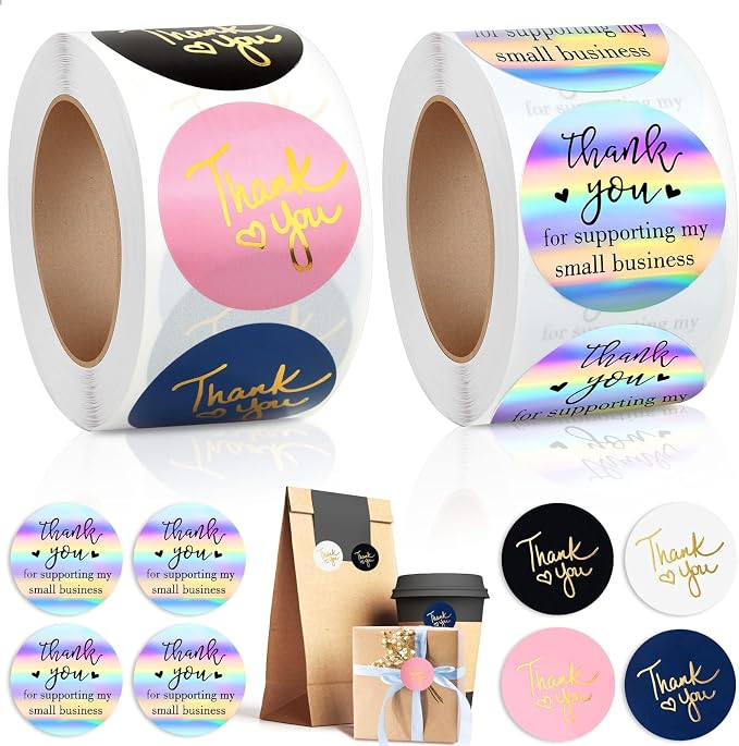 1000Pcs 1.5Inch Thank You Stickers, Holographic Thank You for Supporting My Small Business Stickers Thank You for Your Order Stickers Labels Packing Supplies for Baking Envelopes Gift Wraps Crafts
