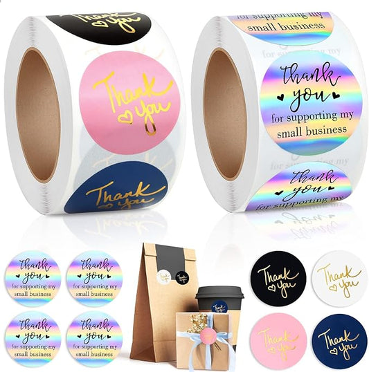 1000Pcs 1.5Inch Thank You Stickers, Holographic Thank You for Supporting My Small Business Stickers Thank You for Your Order Stickers Labels Packing Supplies for Baking Envelopes Gift Wraps Crafts