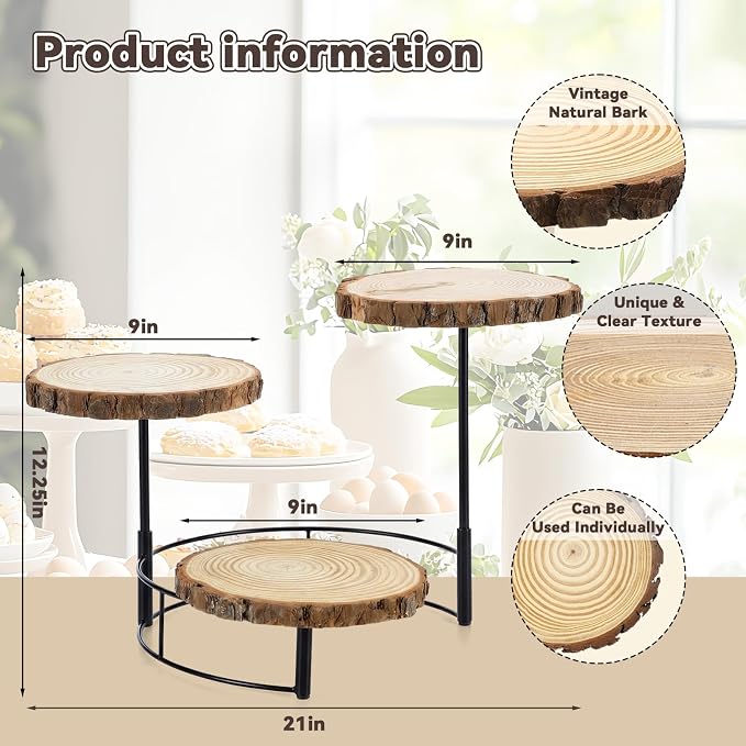 Chunful Staircase 3 Tier Round Natural Wood Cupcake Dessert Stand, Cup Cake Tower Stand Holder, Wooden Cake Display Tiered Centerpiece for Party, Birthday, Wedding, Baby Shower, Holiday Decoration