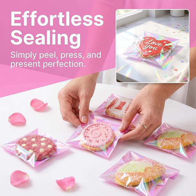 efivs arts 200Pcs Iridescent Cookie Bags,Self Sealing Cellophane Treat Bags | Clear Resealable Adhesive Plastic Bags for Cookies, Candy, Party Favors, Gift Packaging (5.5x5.5 Inches)