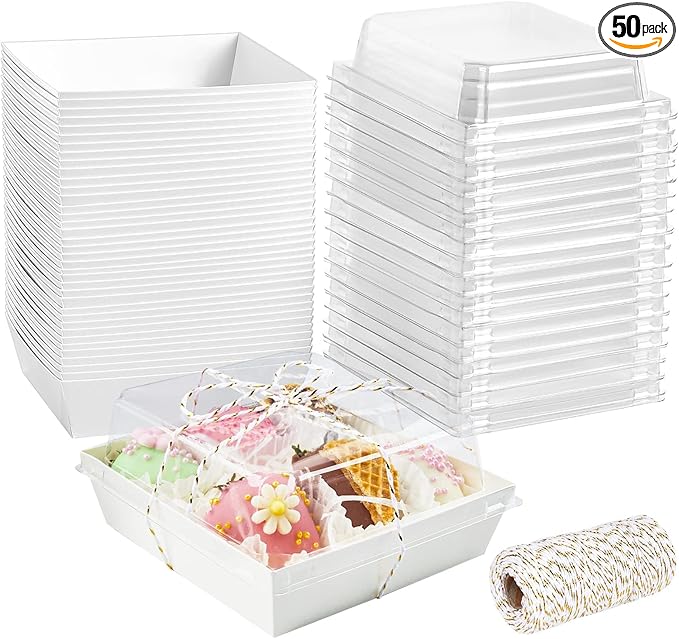 ZORRITA Paper Charcuterie Boxes with Clear Lids, 50 Pack, 5 Inch, White | Square To Go Dessert Containers, Small Bakery Boxes, For Cake, Cookies, Sandwich, Strawberries