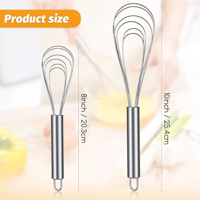 Patelai 2 Pcs Flat Whisk Set Stainless Steel 8" and 10" Flat Wire Egg Whisk Dishwasher Portable for Kitchen Cooking Sauce Blending Beating Stirring Mixing