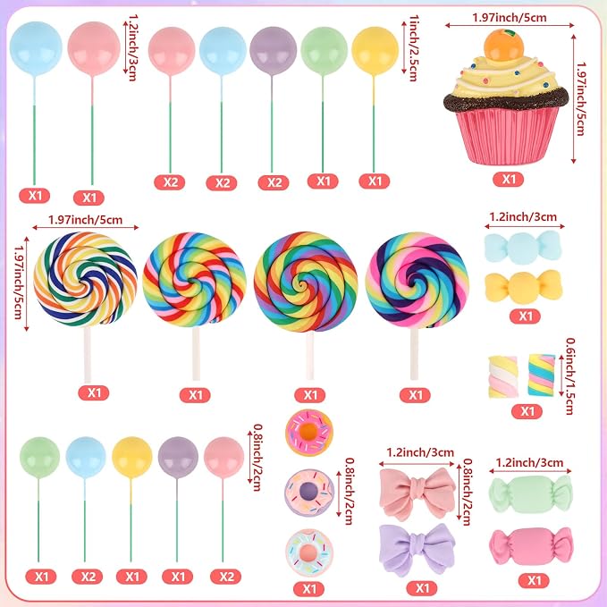 33PCS Candyland Cupcakes Toppers Candy Cake Topper with Donut Lollipop Candy Cakes Colorful Candyland Cake Decoration for Kids Sweet Themed Birthday Party Supplies