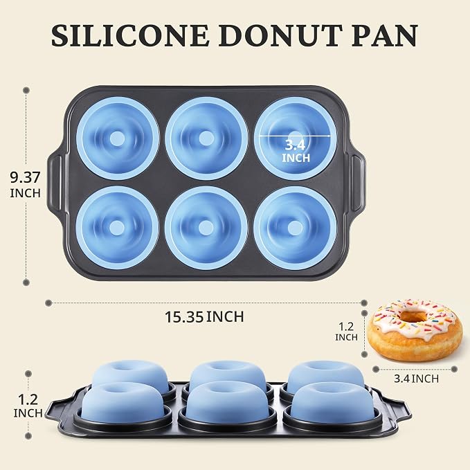 BRONYPRO Silicone Donut Pan for Baking with Metal Reinforced Frame, 6-Cavity Nonstick Doughnut Mold, Large Donut Size, Food-Grade Bakeware, Oven Dishwasher Freezer Safe, Blue