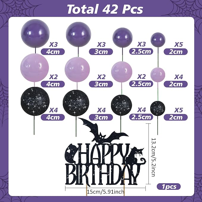 BEISHIDA 42 Pcs Cake Topper with Mini Balls, Halloween Cake Toppers, Cake Decorations for Halloween Birthday Party, Wednesday Theme Party Decor (Black, Purple)