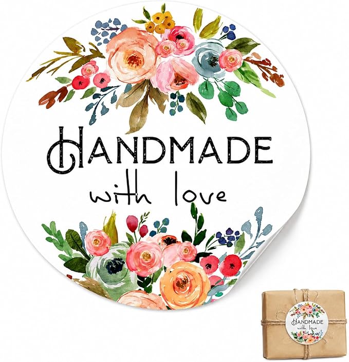 Handmade Floral Stickers Labels: Strong Adhesive 120 Pcs 1.6" Round Seals for Bakery Treat Bags Gift Wrap Envelope Closing for Small Business Packaging Wedding Shower Favors
