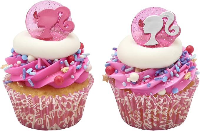 DecoPac Barbie Rings, 24 Barbie Silhouette Cupcake Decorations, Pink Glitter Cake Toppers For Birthday, Parties, Celebrations - 24 Pack