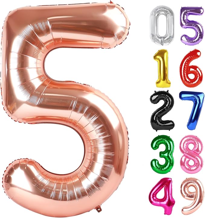 Rose Gold Number 5 Balloon 40 Inch, 5th Birthday Party Decorations for Children, Giant 5 Foil Balloon for Party Supplies